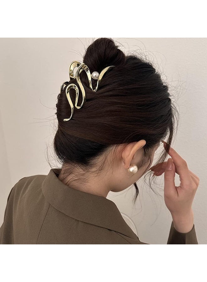 CLENEA 1Pcs Large Hair Claw Clips,Metal Snake Wave Hair Clips with Pearl Design,Strong Hold Hair Jaw Clips for Thick or Thin Hair,Irregular Wave Hair Clamp,No-slip Grip Clips for Women (Gold) - Image 2
